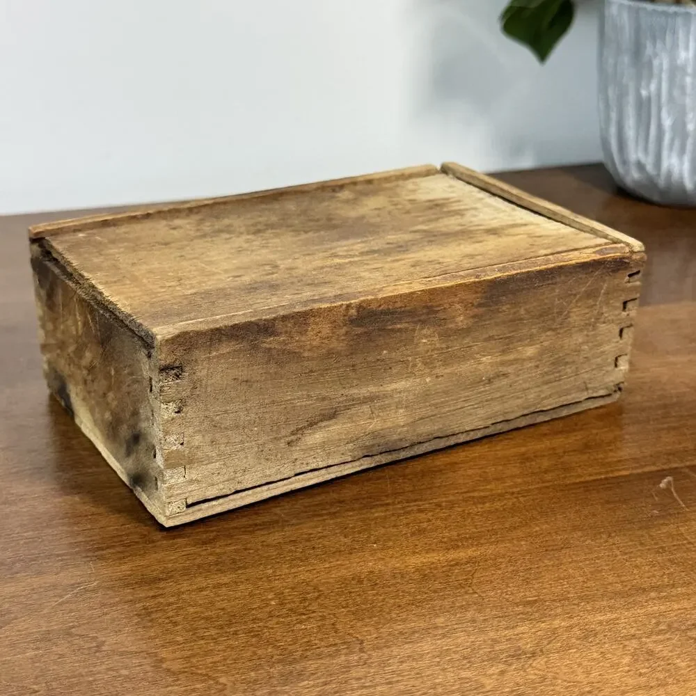 Antique Dovetail 6x4 Wooden Slide Lid Box Primitive Handmade Storage Box Rustic